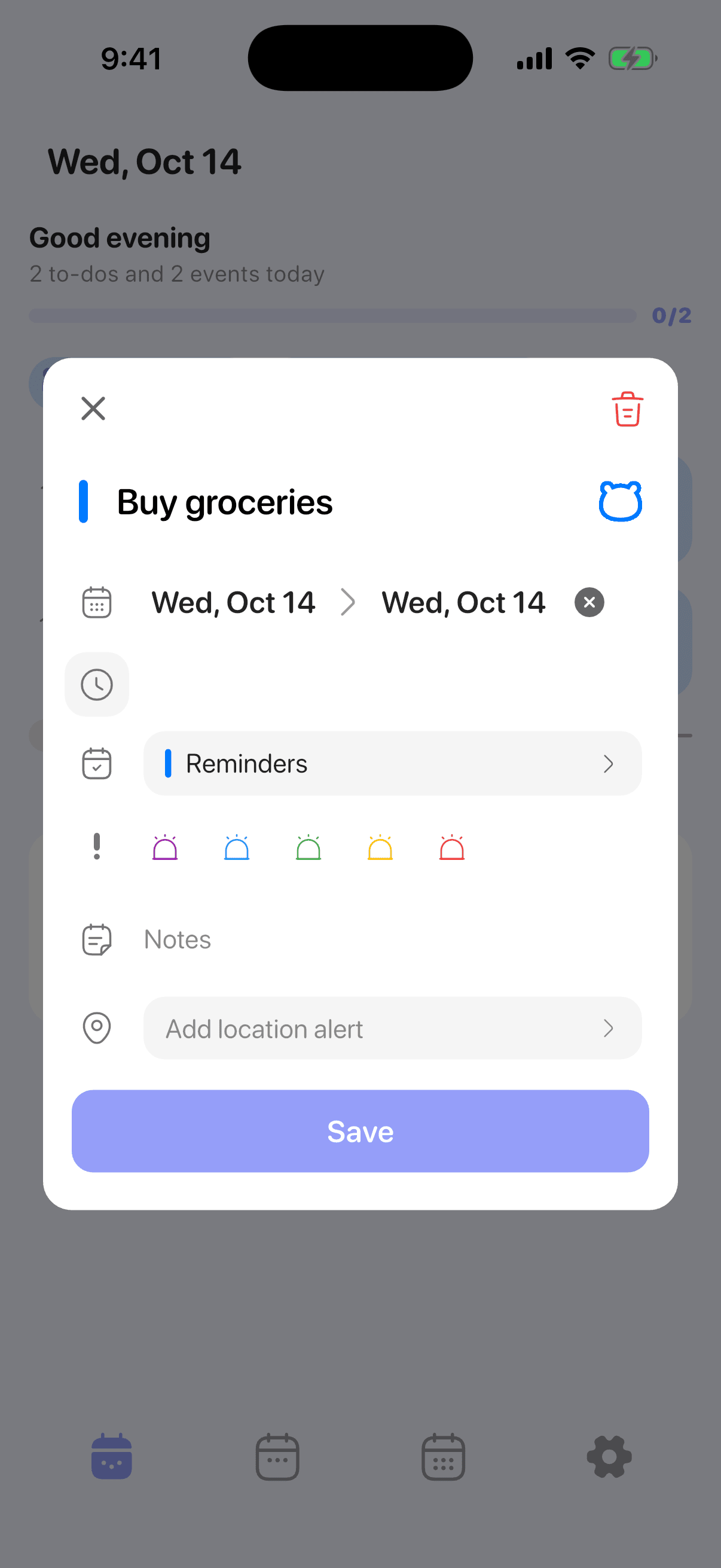 Plandy reminder details with the Add location alert row at the bottom