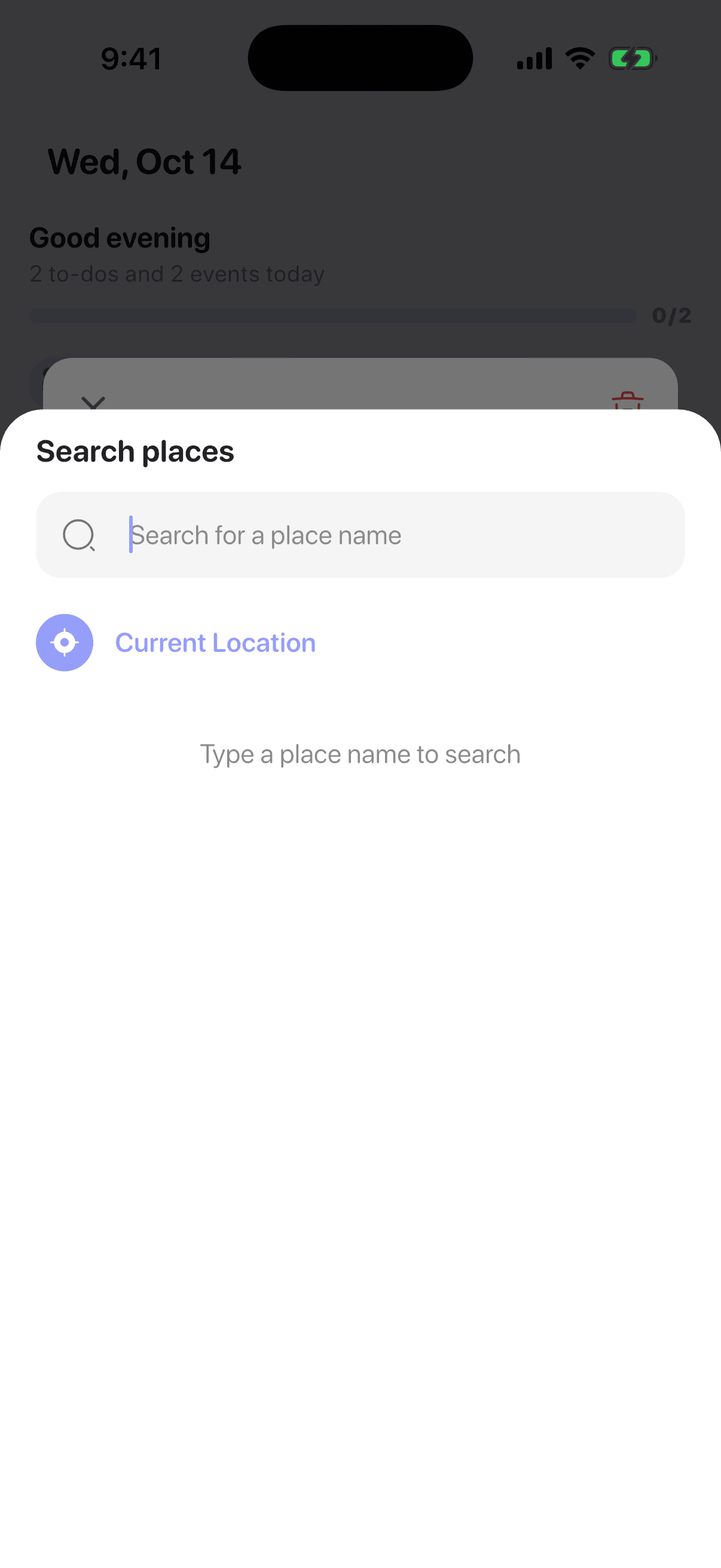Plandy Search places screen with a search field and a Current Location button