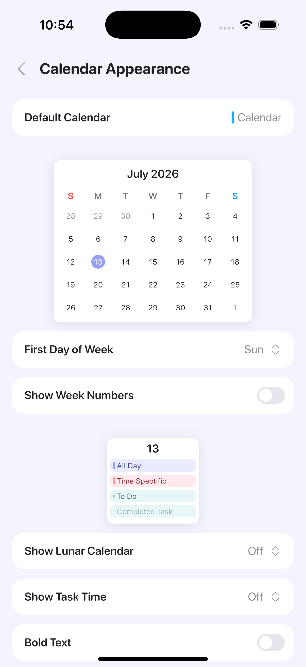Actual Plandy calendar settings screen
